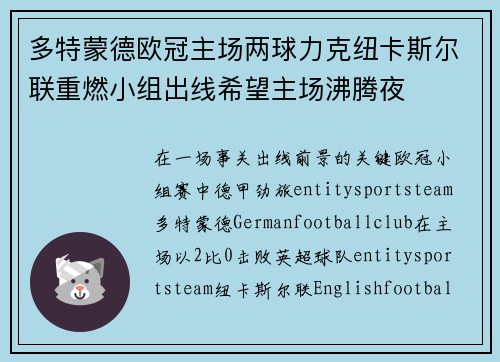 多特蒙德欧冠主场两球力克纽卡斯尔联重燃小组出线希望主场沸腾夜