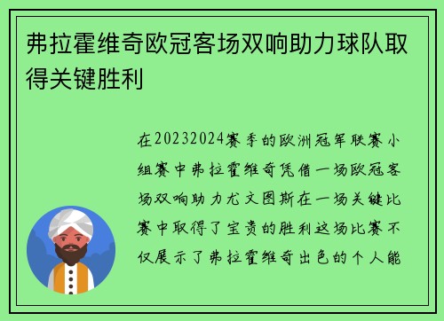 弗拉霍维奇欧冠客场双响助力球队取得关键胜利